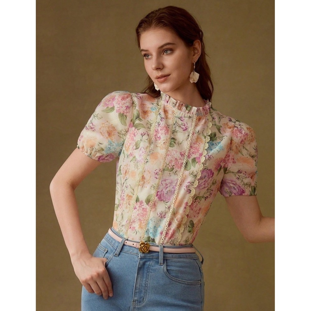 MOTF Floral‎ Print Frill Trim Blouse Size Large Stand Collar Puff Sleeve Boho
